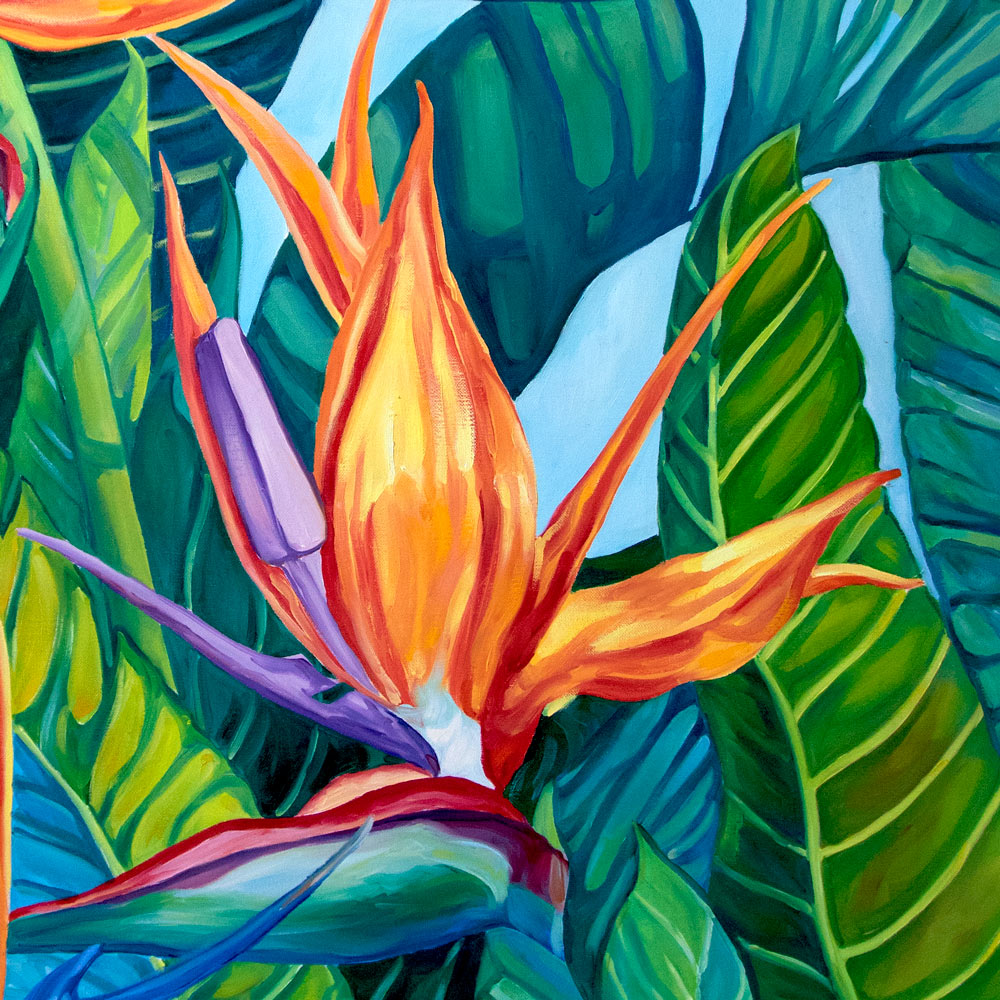 Tableau tropical oiseau de paradis Strelitzia reginae pour déco murale nature bohème, éclectique et intérieur contemporain moderne ou bord de mer 