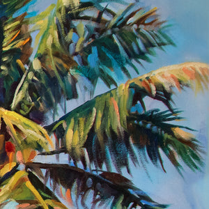 Tableau tropical palmier cocotier multicolore, feuilles de palmiers en une peinture contemporaine de style pour déco murale nature, voyage, bohème, décor plage et mer