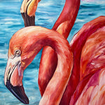 Charger l&#39;image dans la galerie, Peinture flamants roses tableau d’oiseaux exotiques, deux flamants roses sur la plage, pour une déco murale à l’ambiance tropicale et jungalow.
