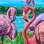 Charger l&#39;image dans la galerie, Peinture tropicale de trois flamants roses des îles Galápagos sur lac de mer bleu azur, une oeuvre d&#39;art pour une déco murale exotique.
