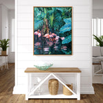 Charger l&#39;image dans la galerie, Les jardins du parc phoenix à nice dans une Peinture de flamants roses exotique pour une décoration art tropical et jungle multicolore.
