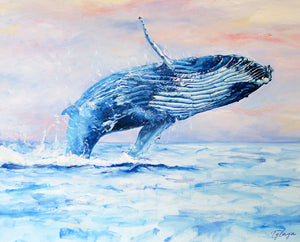Tableau mer et nature d’un paysage marin rose pastel et bleu clair pour déco moderne et bord de mer représentant une belle baleine bleue sautant dans l’eau 