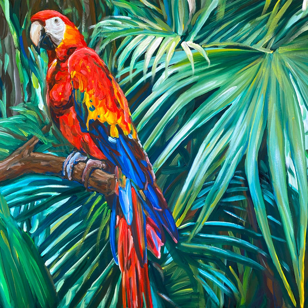 Tableau sur toile de perroquet ara macaw rouge, oiseau tropical ara macao rouge, déco jungle murale aux couleurs vibrantes